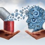 Illustration of a drug capsule flled with gears spilling out to form the shape of a human head. 