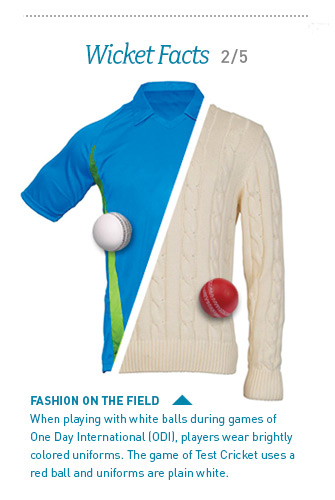 Fashion on the field: When playing with white balls during games of One Day International (ODI), players wear brightly colored uniforms. The game of Test Cricket uses a red ball and uniforms are plain white.