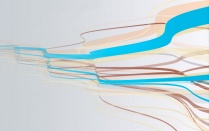 aqua, peach and brown-hued streamers flying out from a gray background. 