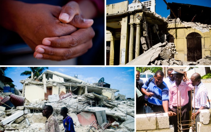 A photo collage of devastated structures in Haiti, and Pierre Fouché instructing a seminar. 