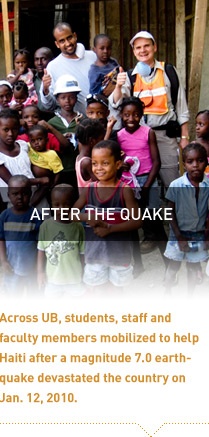 MCEER Director Andre Filiatrault surrounded by Haitian children, with a headline and intro paragraph that reads, "After the Quake: Across UB, students, staff and faculty members mobilized to help Haiti after a magnitude 7.0 earthquake devastated the country on January 12, 2010.". 