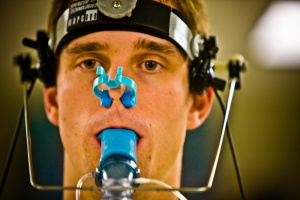 Man undergoing a breathing test. 