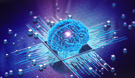digital illustration of brain on computer chip. 