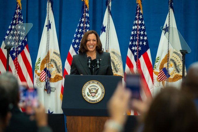 Vice President Kamala Harris at a podium. 