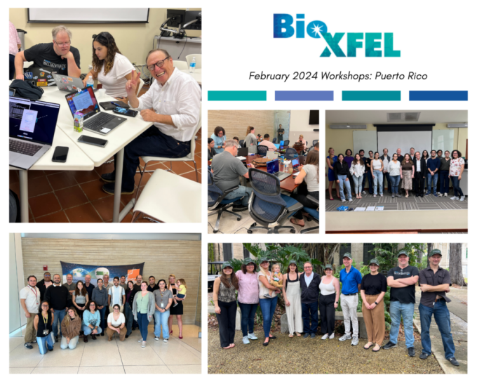 montage of five photos with the top photos show three people smiling at the camera around a computer, a group of people listening to a speaker, and a large group posing for a picture. The bottom two show two groups of people posing for a photo. 