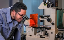 Student looking through a microscope. 