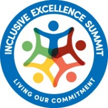 Circular design with people holding hands and the words on the outside: "Inclusive Excellence Summit, Living Our Commitment". 