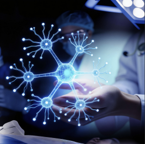 A clinician in a medical setting holds their hands out as a glowing, blue, abstract network of connected nodes and lines hovers above them, symbolizing digital health or data connectivity. 