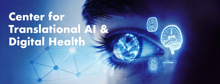 Center for Translational AI and Digital Health text on over blue-toned close-up of a human eye on the right side. The eye is illuminated with futuristic digital overlays, including glowing neural network patterns within the iris and small holographic icons of a brain and anatomical diagrams floating nearby. 