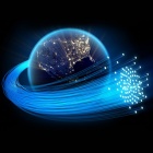 An illustration of optical fibers spinning around the globe. 