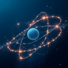 An illustration of an atom with orbiting electrons to represent a quantum concept. 
