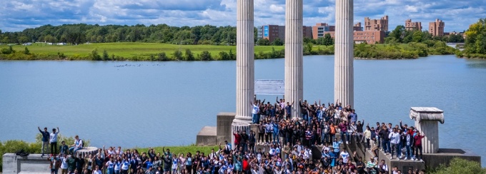 Large group of students standing at Baird Point. 