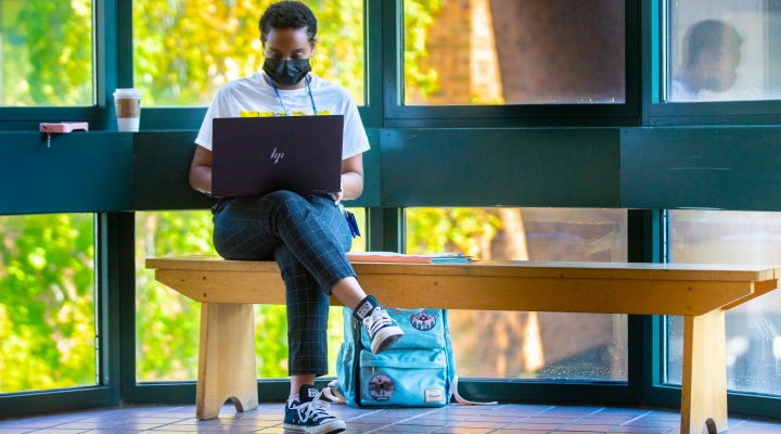 Student seated on a bench working on their laptop. 