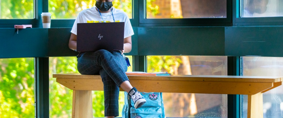 Student seated on a bench working on their laptop. 
