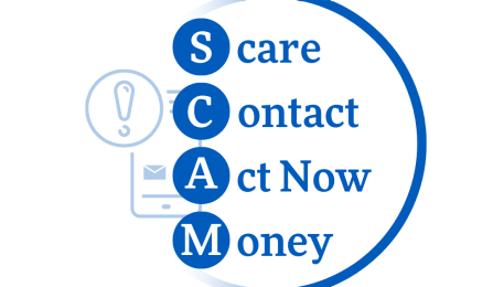 SCAM acronym for Scare, Contact, Act Now, Money to illustrate scammer tactics. 