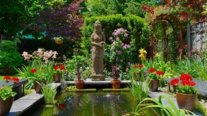 Image of a backyard garden with a small retactgular fish pond, bright red flowers, and a statue that is also water fountain.