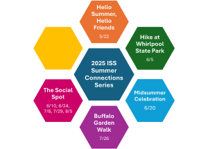 Multi-colored graphic with a large blue hexagon in the center with the Summer Connections title. The larger center hexagon is surrounded by 6 smaller hexagons that are different colors. Five of the hexagon have the title of each Summer Connections activity along with dates of each activity. One of the hexagons has no text. All of the smaller hexagons are different colors.