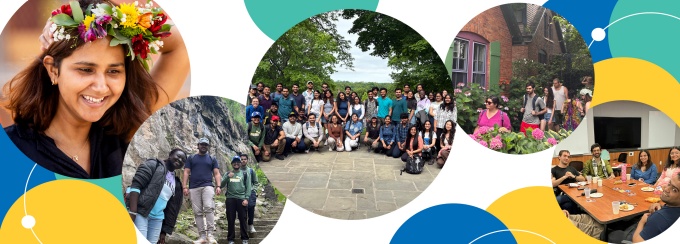 Picture with random and overlapping green, blue, and yellow circles, and circles with photo of students from past Summer Connections Series. The circles are set on a white background. 