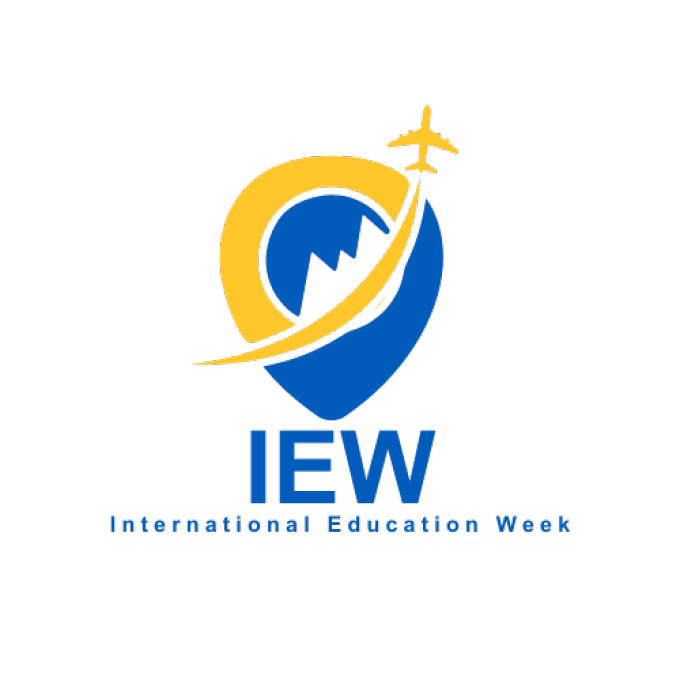 Blue and yellow map pin shapes IEW logo. 
