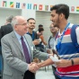 Vice Provost for International Education Stephen Dunnett welcomes a graduate student at the Welcome and Networking Reception. 