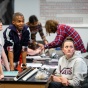 Students meet during class held in Cooke Hall. 