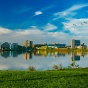 North campus exterior fall landscape images over Lake LaSalle. Photographer: Douglas Levere. 