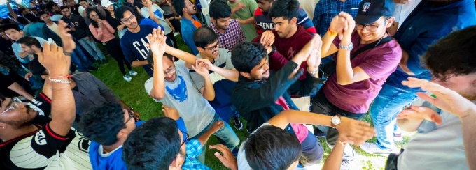 large group of international students and friends from overhead. 
