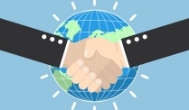 Graphic of shaking hand in front of a globe. 