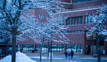 A snowy morning in January 2023 on North Campus, including Capen Hall. Photographer: Douglas Levere. 