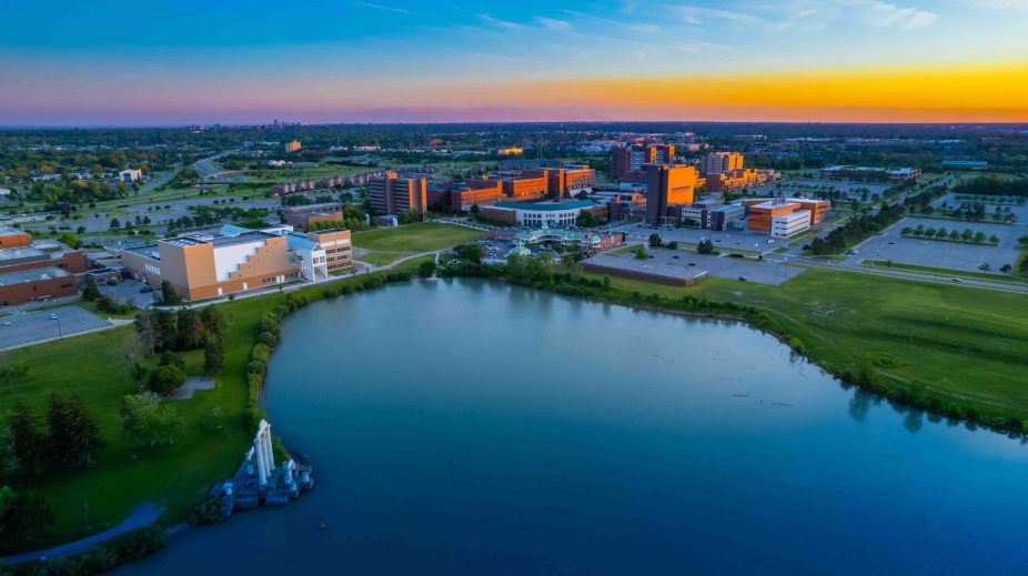 Aerial images of North Campus taken around Lake La Salle at sunset in June 2021. Photographer: Douglas Levere. 