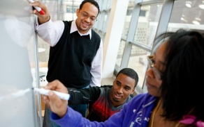 Assistant Professor Kevin Burke with CSTEP Students in Davis Hall Photograph: Douglas Levere. 