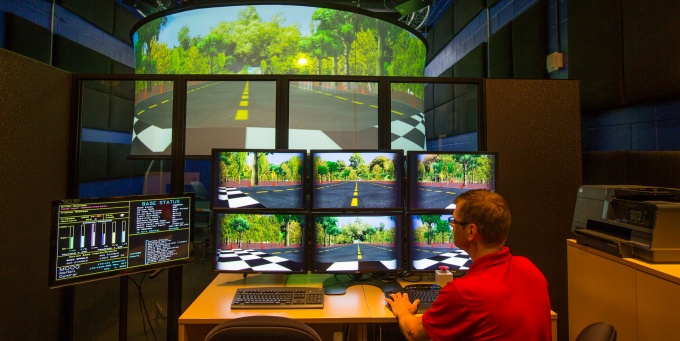 Student working in UB's Motion Simulation Lab. 
