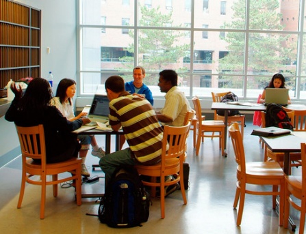 students working in UB's Alfiero Center. 
