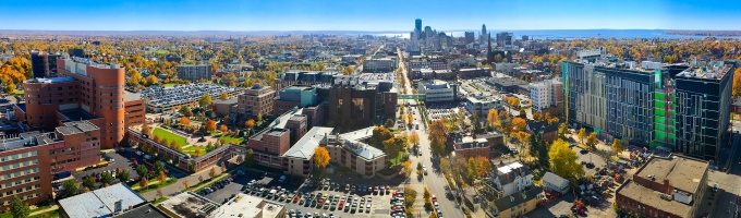 Aerial view of downtown Buffalo and Lake Erie. 
