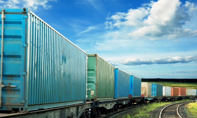 A line of railroad freight cars. 