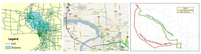 An image of three maps, the first being a highlighted subarea around the Buffalo-Niagara region, the second map being a highlighted route of Interstate-190 across Grand Island, and the third map comparing two different routes from the same beginning and end points with their travel time and overall emissions. 