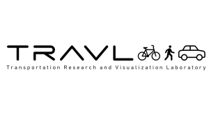 Transportation Research and Visualization Lab (TRAVL). A bicycle, person walking and a car are all part of the logo. 