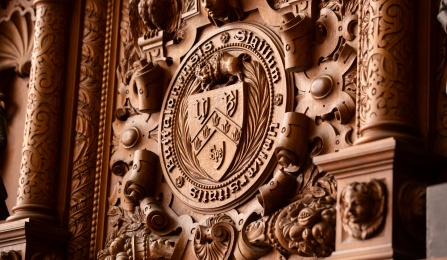 The UB seal and fireplace in the Health Sciences Library in Abbott Hall on South Campus in December 2020. Credit Douglas Levere. 