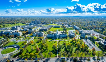 Exterior aerial image the South Campus in the fall taken in November 2021. Hayes Hall is featured at the center. Credit Douglas Levere. 