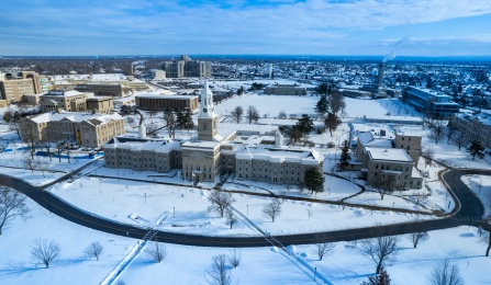Exterior aerial image the South Campus with after a heavy snowfall in early January 2022. 