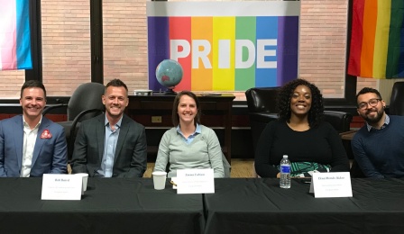 Representatives from Evergreen Health and the Pride Center of WNY at a LGBTQ Brown Bag Conversation hosted by the Faculty and Staff Association and the Professional Staff Senate in 2019. Left to right: Justin Azzarella, Senior Vice President for Community Relations, Rob Baird, Director of Fundraising and Events, Emma Fabian, Senior Director of Harm Reduction, Ekua Mends-Aidoo, Inclusion and Diversity Officer, and Damian Mordecai, Pride Center Executive Director. 