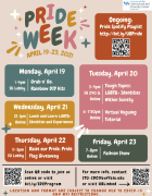 Zoom image: A graphic of the Pride Week schedule. Virtual events can be attended at http://bit.ly/IDCProgram and more information is available by contacting STU-IDC@buffalo.edu. 