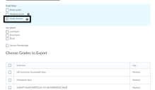 Zoom image: On the Export Grades page, make sure the Key Field radio button is selected for Both; under Grade Values, make sure that Grade Scheme is the selected option. Under the Choose Grades to Export, select only the Final Calculated Grade or Final Adjusted Grade 