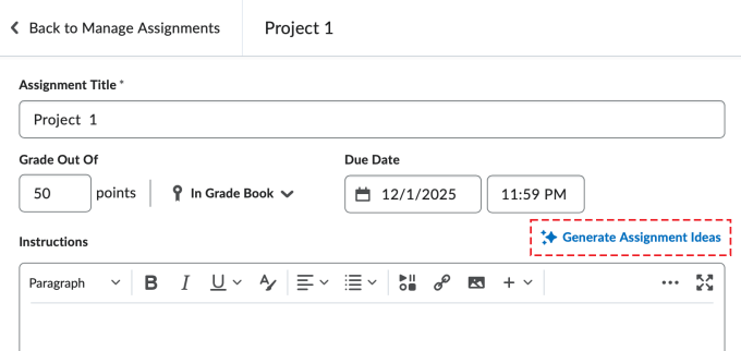 The edit assignment page showing the Generate Assignment Ideas button on the right-hand side.