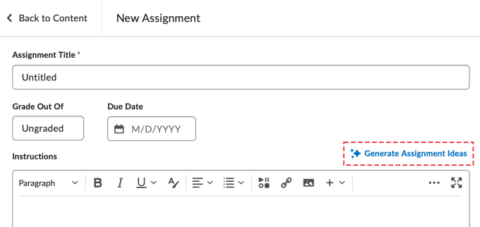 The new assignment page showing the Generate Assignment Ideas button on the right-hand side. 