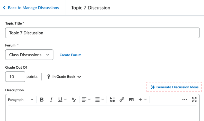 The edit discussion page showing the Generate Discussion Ideas button on the right-hand side. 