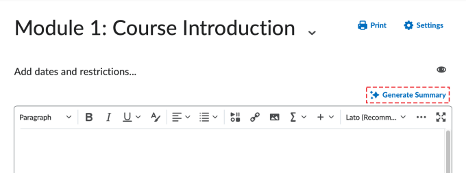 A module showing the Generate Summary button on the right-hand side. 