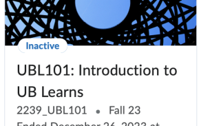 A screenshot of a course tile in UB Learns. The course is Inactive, and the current date is after the End Date. 
