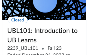 A screenshot of a course tile in UB Learns. The course is Active, and the current date is after the End Date. 