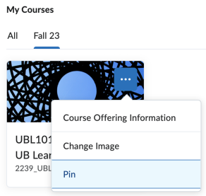 Screenshot of how to pin a course in UB Learns. 